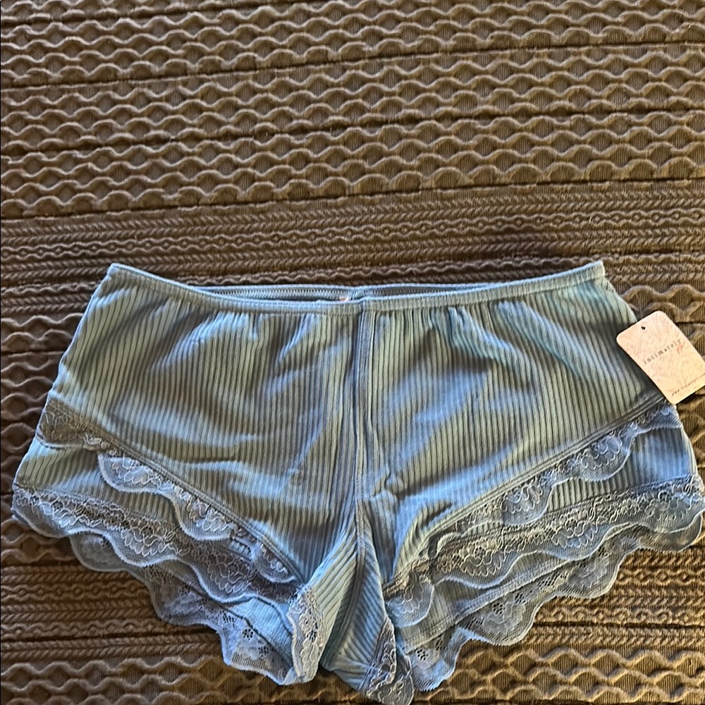 Free People Light Blue Ribbed Lace Trim Boyshorts